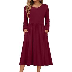 Zeagoo Women Wine Red Long Sleeve Flowy A-Line Boho Long Dress with Pockets